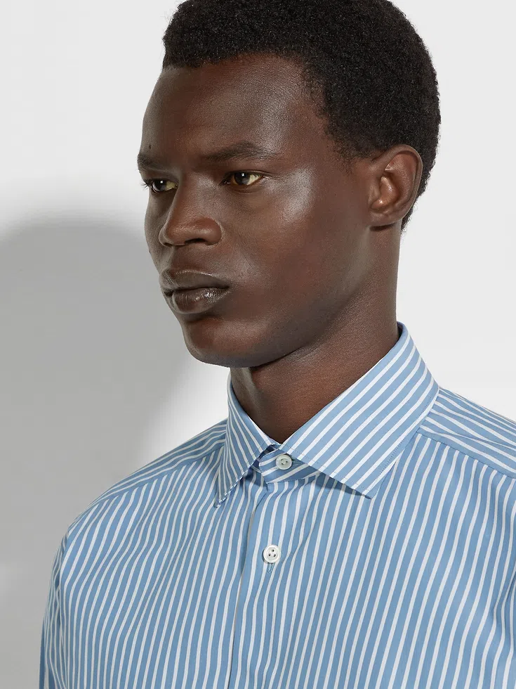 Avio Blue and White Macro-striped Centoventimila Cotton Shirt