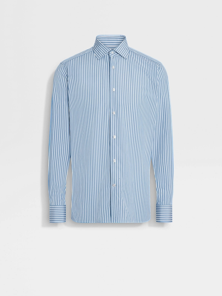 Avio Blue and White Macro-striped Centoventimila Cotton Shirt