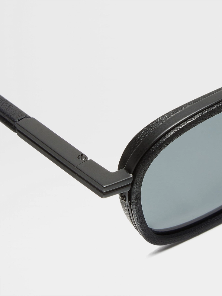 Black Orizzonte I Metal Acetate and Leather Sunglasses