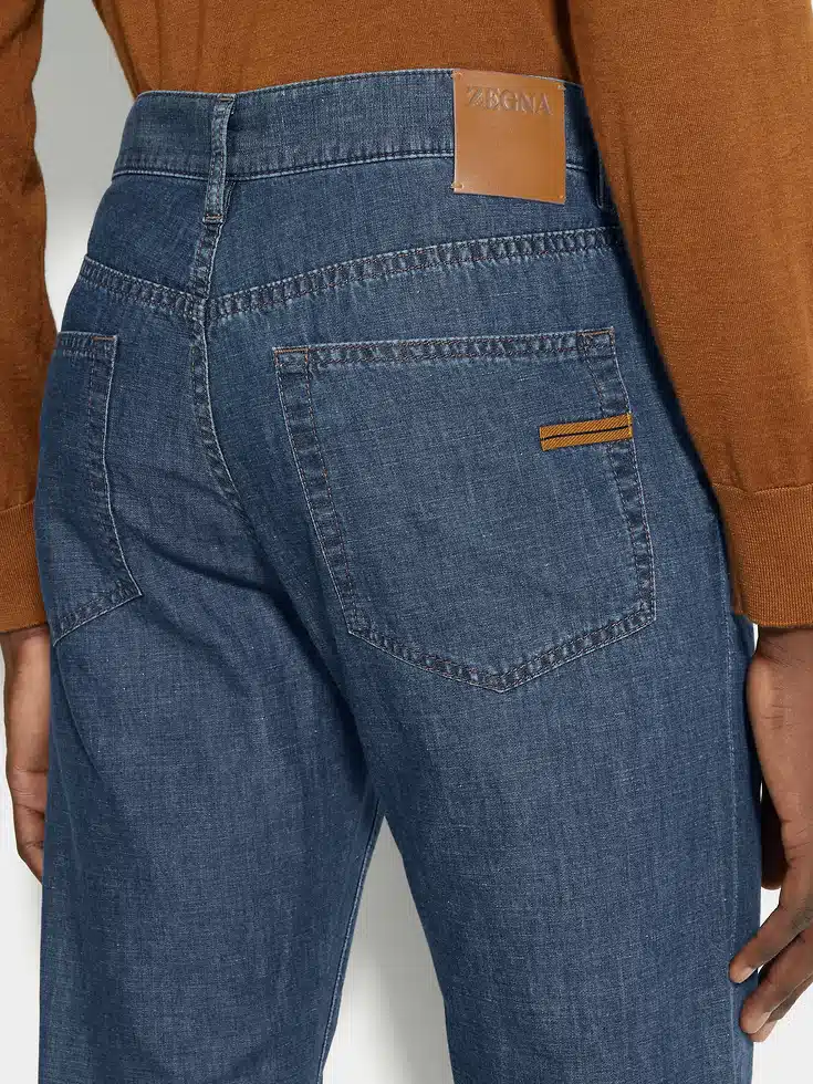 Blue Bleached Cotton and Linen Roccia Jeans