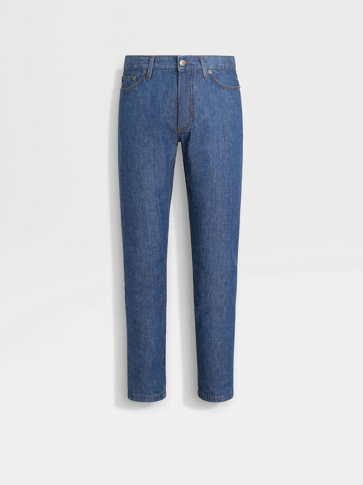 Blue Bleached Cotton and Linen Roccia Jeans