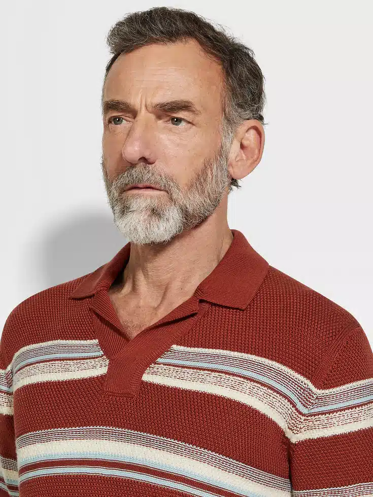 Brick Red Light Blue and White Cotton and Silk Polo Shirt