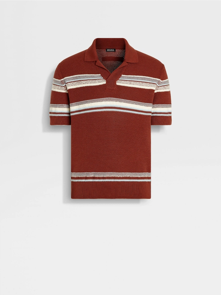 Brick Red Light Blue and White Cotton and Silk Polo Shirt