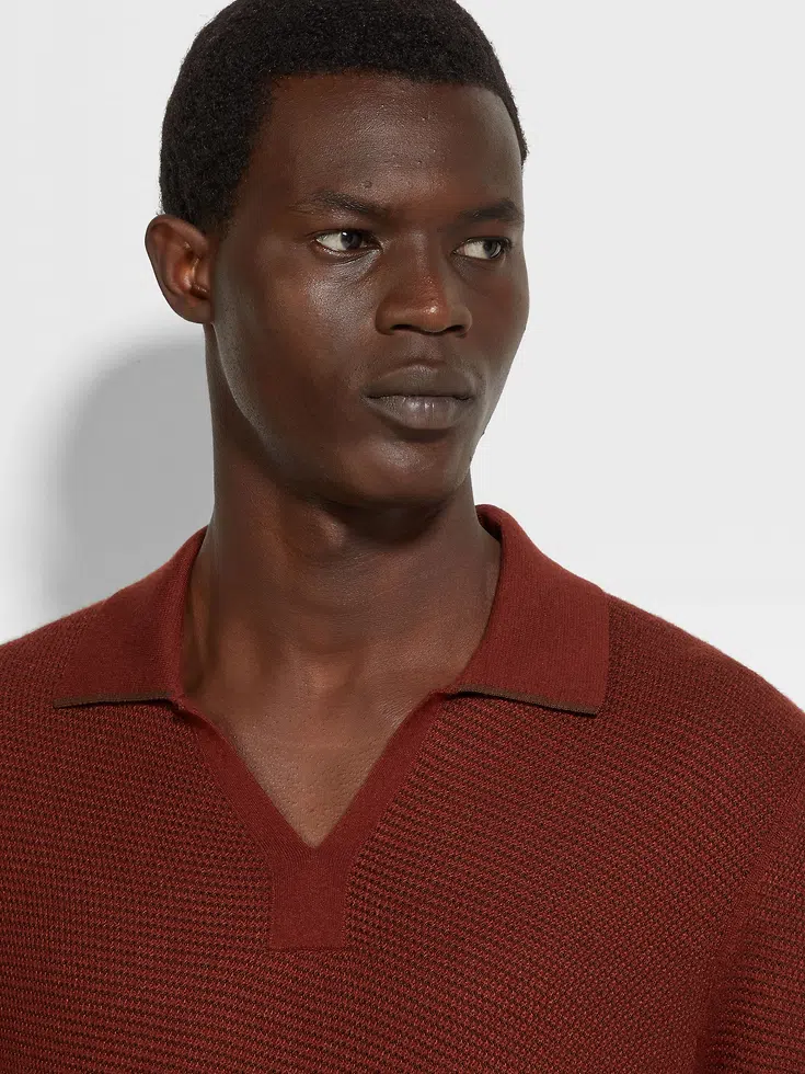 Brick Red Silk and Cashmere Polo Shirt