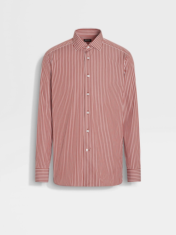Brick Red and White Macro-striped Centoventimila Cotton Shirt