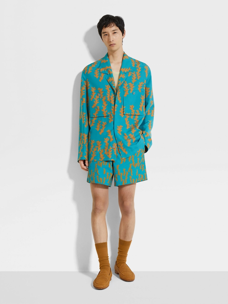 Bright Teal Blue and Ochre Silk Oasi Print Overshirt