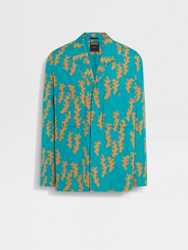 Bright Teal Blue and Ochre Silk Oasi Print Overshirt