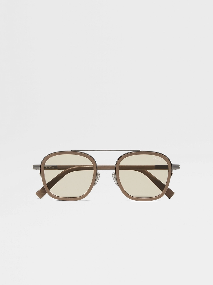 Dark Beige Orizzonte I Metal Acetate and Leather Sunglasses