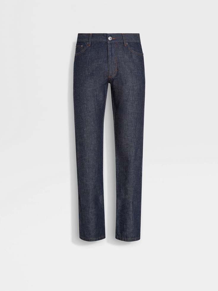 Dark Blue Rinse-washed Cotton and Linen Roccia Jeans