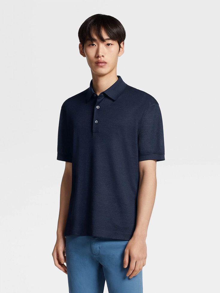 Dark Blue Zegna Silk Polo Shirt