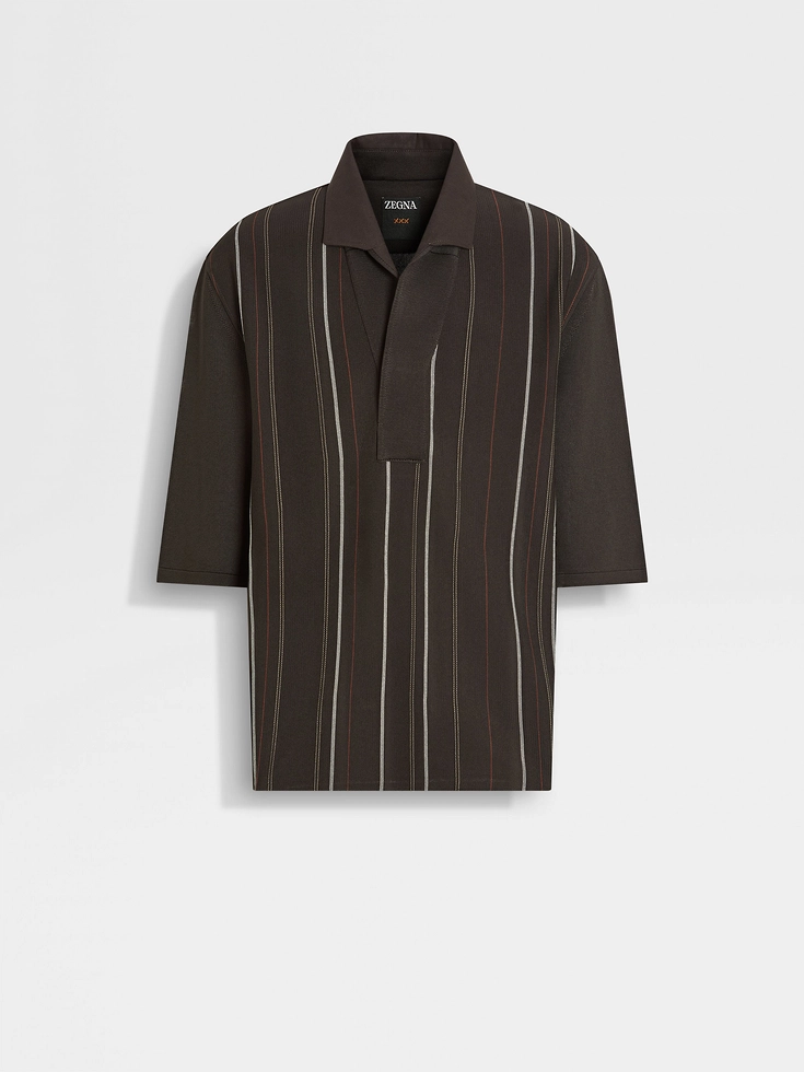 Dark Brown Light Beige and Green Silk Polo Shirt