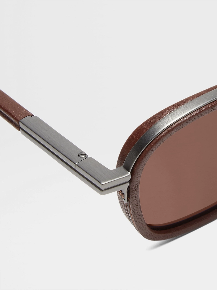 Dark Brown Orizzonte I Metal Acetate and Leather Sunglasses