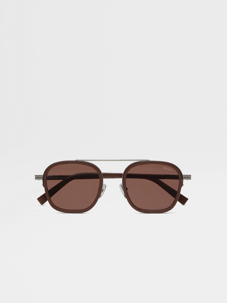 Dark Brown Orizzonte I Metal Acetate and Leather Sunglasses