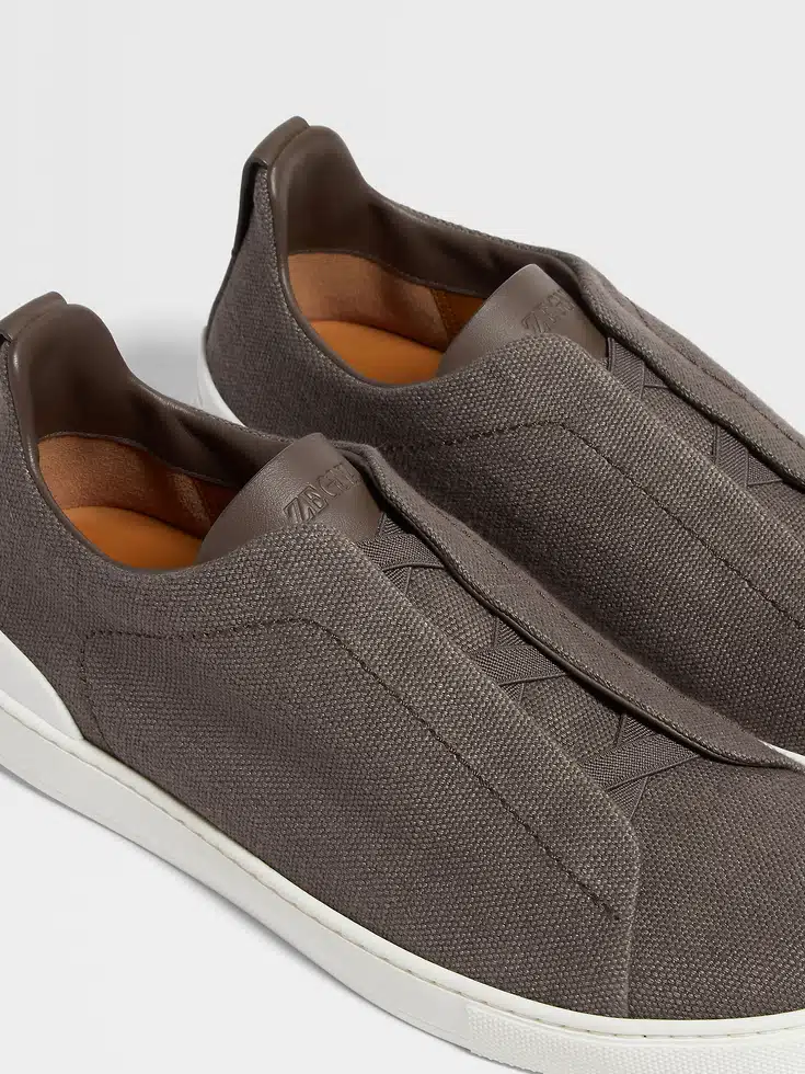 Dark Taupe Cotton Linen and Leather Triple Stitch™ Sneakers