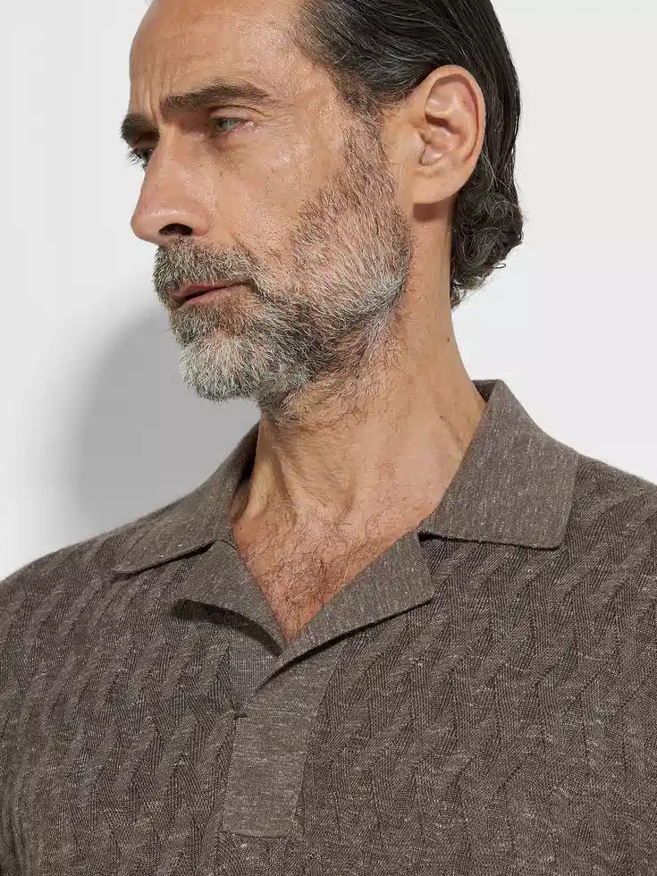 Dark Taupe Mélange Silk Cashmere and Linen Polo Shirt