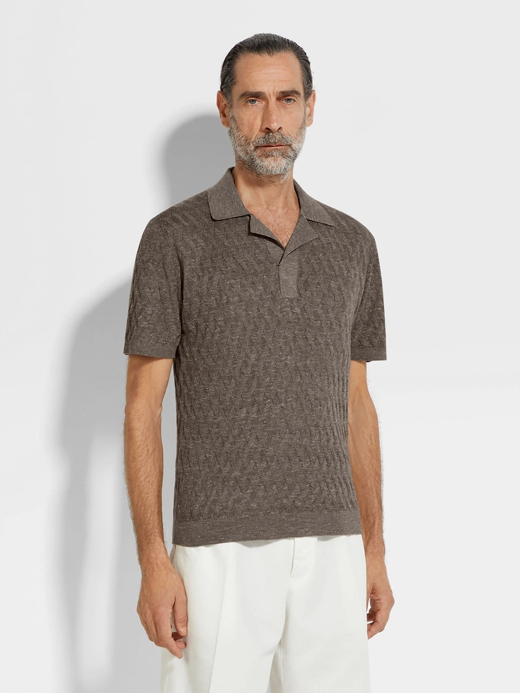 Dark Taupe Mélange Silk Cashmere and Linen Polo Shirt Dark Taupe Mélange Silk Cashmere and Linen Polo Shirt