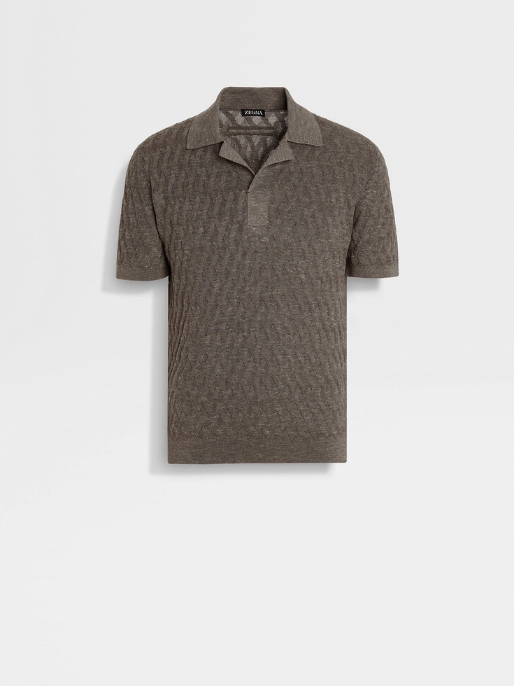 Dark Taupe Mélange Silk Cashmere and Linen Polo Shirt