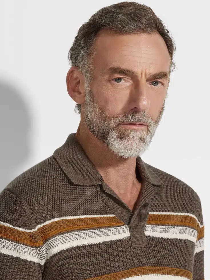 Dark Taupe Ochre and White Cotton and Silk Polo Shirt