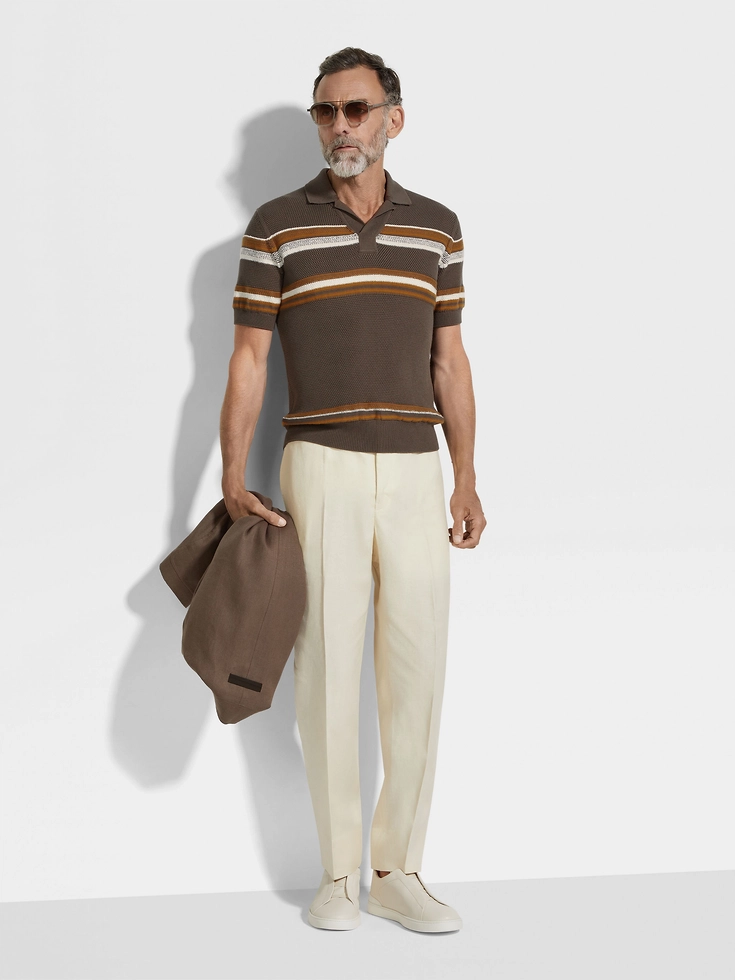 Dark Taupe Ochre and White Cotton and Silk Polo Shirt Dark Taupe Ochre and White Cotton and Silk Polo Shirt