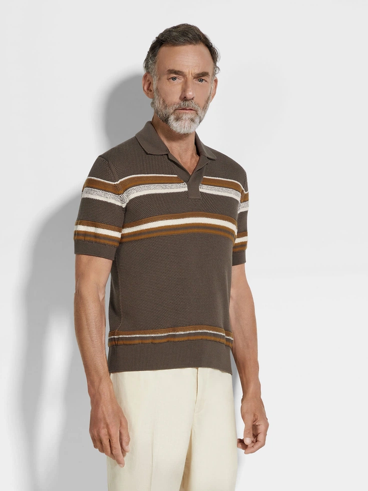 Dark Taupe Ochre and White Cotton and Silk Polo Shirt Dark Taupe Ochre and White Cotton and Silk Polo Shirt