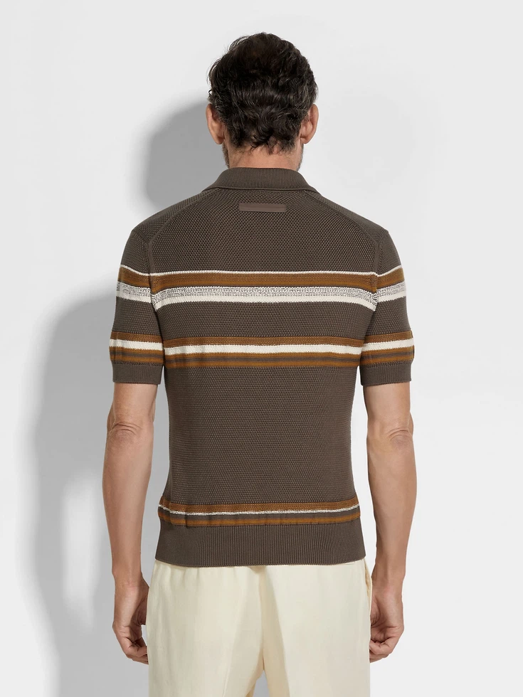 Dark Taupe Ochre and White Cotton and Silk Polo Shirt Dark Taupe Ochre and White Cotton and Silk Polo Shirt