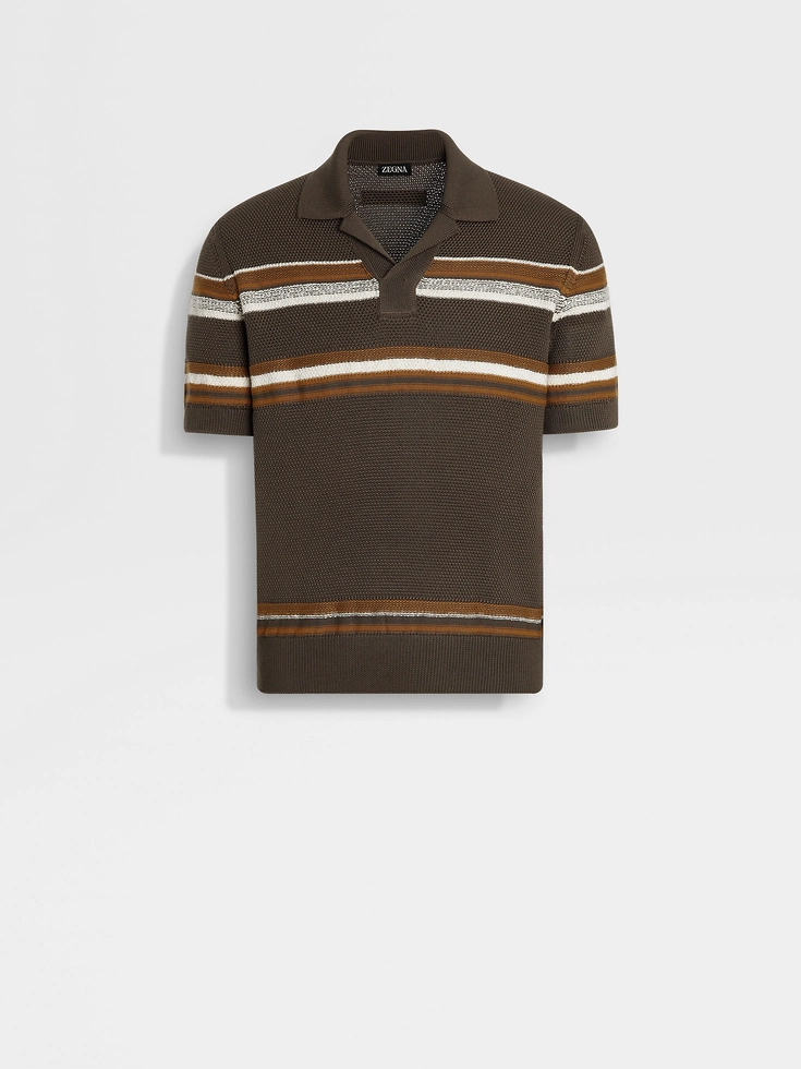 Dark Taupe Ochre and White Cotton and Silk Polo Shirt