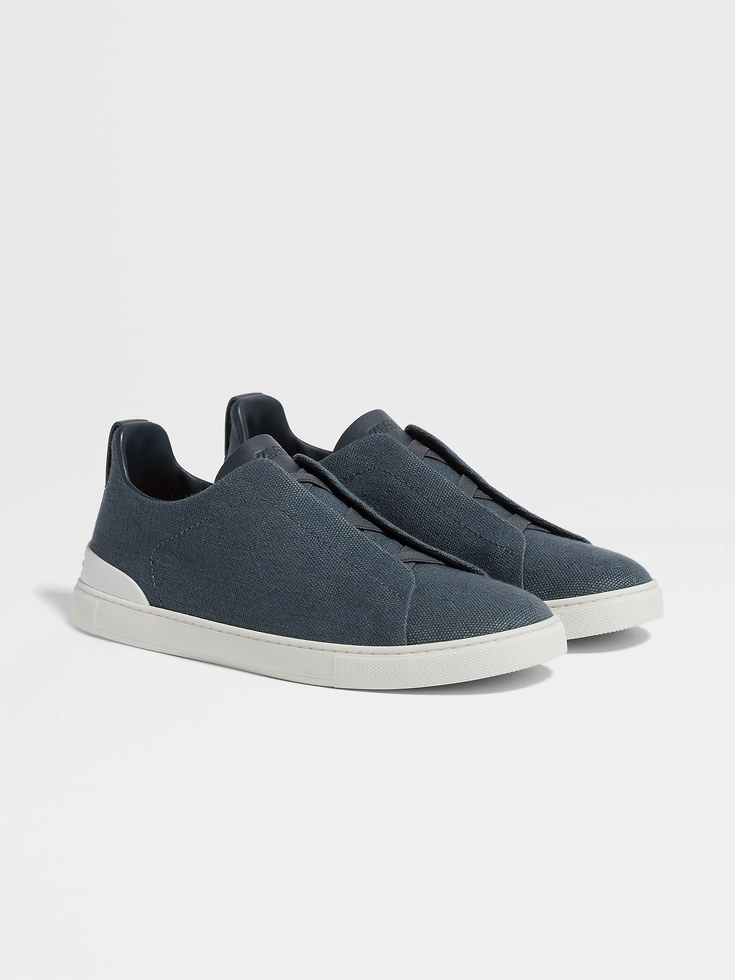 Dark Teal Blue Cotton Linen and Leather Triple Stitch™ Sneakers