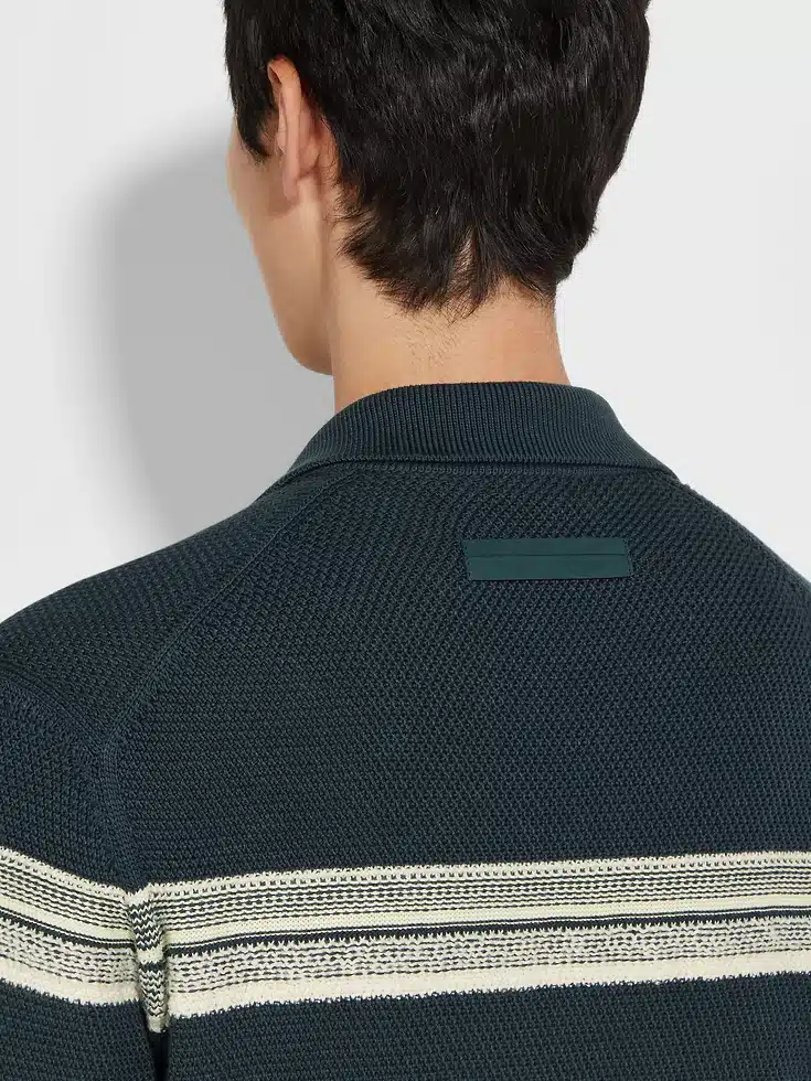 Dark Teal Blue Light Yellow and White Cotton and Silk Polo Shirt