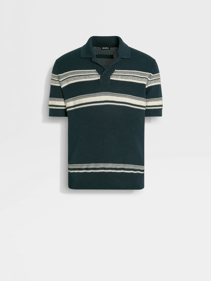 Dark Teal Blue Light Yellow and White Cotton and Silk Polo Shirt