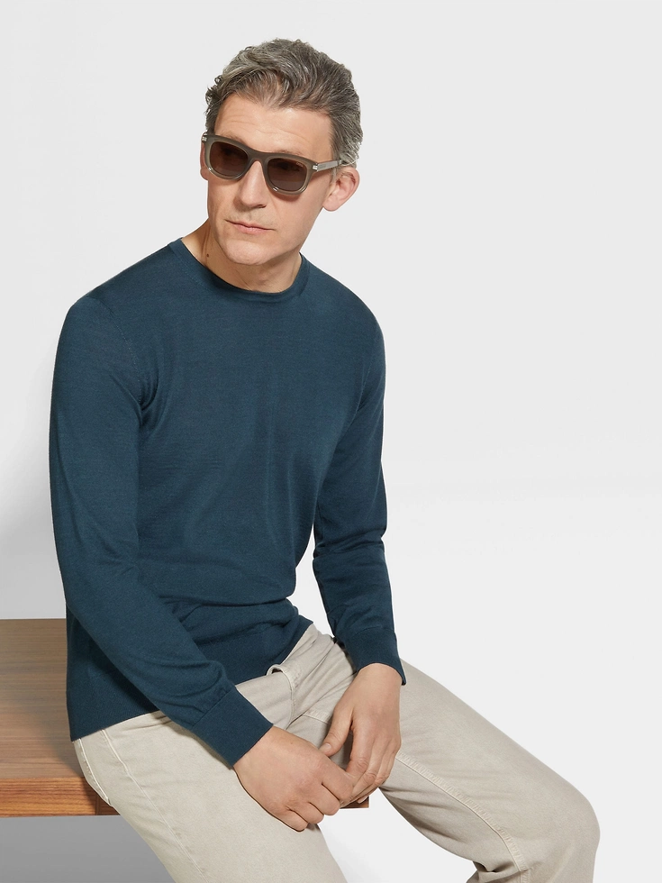 Dark Teal Blue Mélange Cashseta Crewneck Dark Teal Blue Mélange Cashseta Crewneck