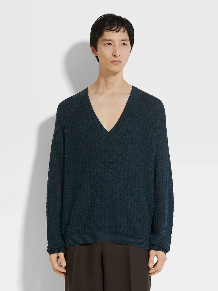 Dark Teal Blue Oasi Lino V-neck Dark Teal Blue Oasi Lino V-neck