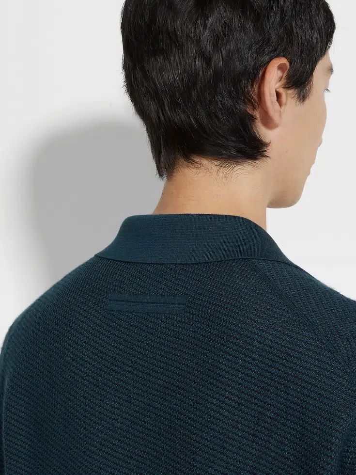 Dark Teal Blue Silk and Cashmere Polo Shirt