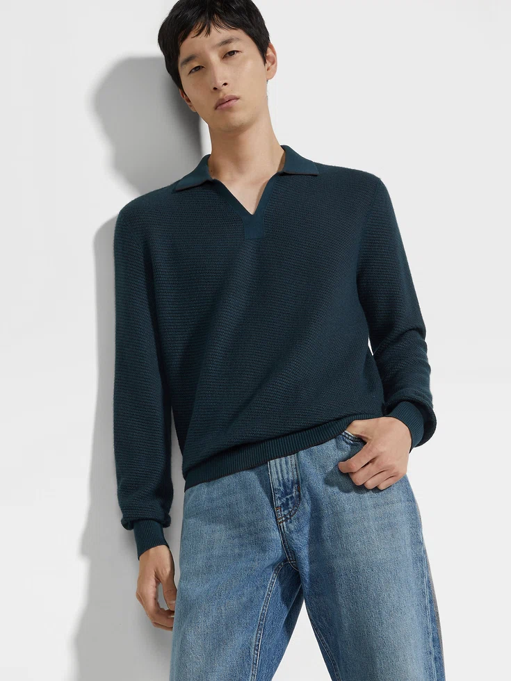 Dark Teal Blue Silk and Cashmere Polo Shirt Dark Teal Blue Silk and Cashmere Polo Shirt