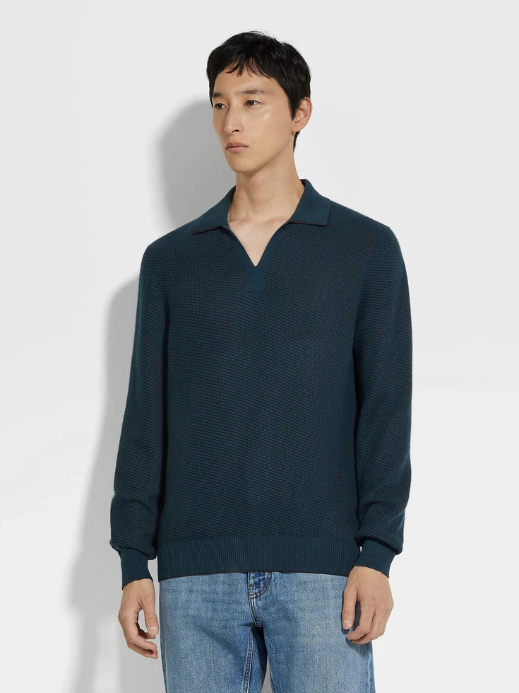 Dark Teal Blue Silk and Cashmere Polo Shirt Dark Teal Blue Silk and Cashmere Polo Shirt