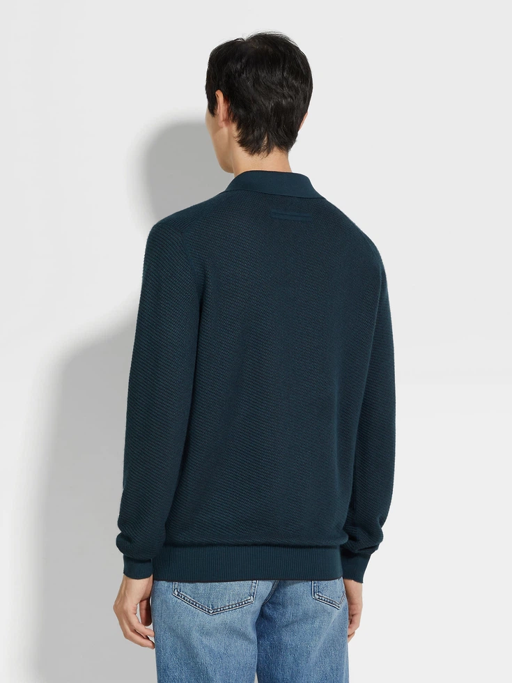 Dark Teal Blue Silk and Cashmere Polo Shirt Dark Teal Blue Silk and Cashmere Polo Shirt