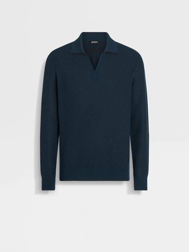 Dark Teal Blue Silk and Cashmere Polo Shirt