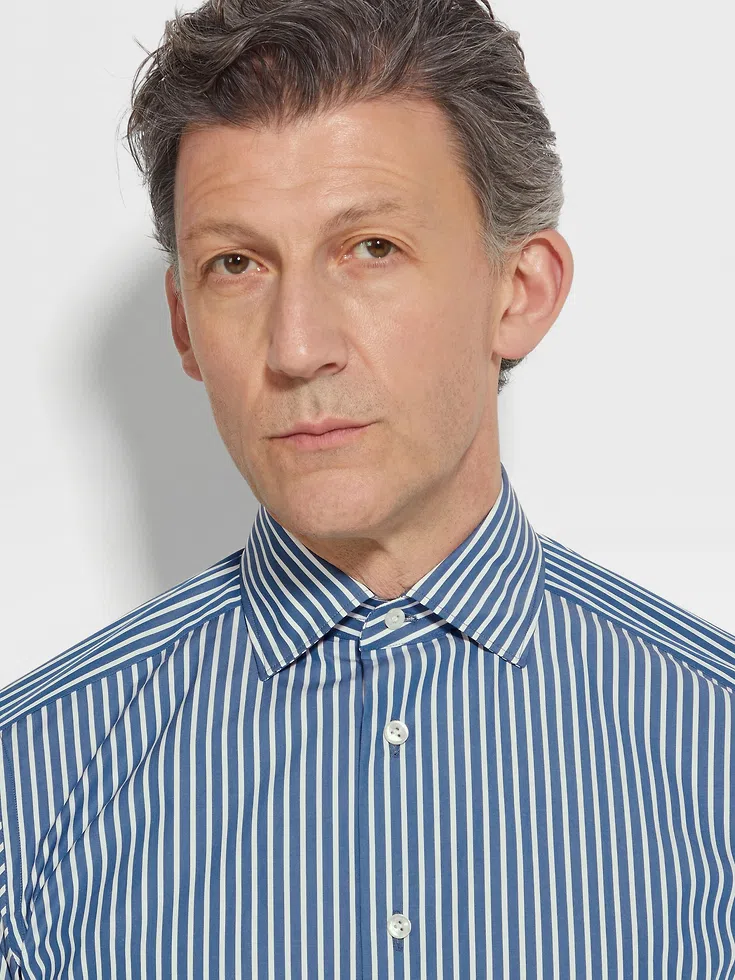 Dark Teal Blue and White Macro-striped Centoventimila Cotton Shirt