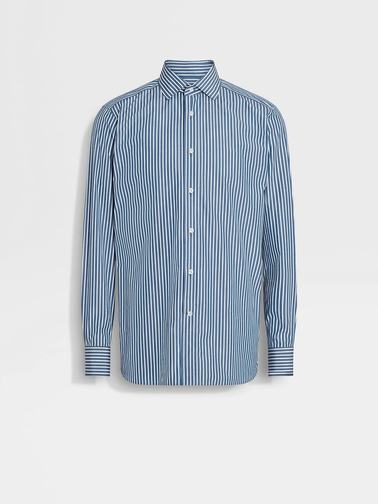Dark Teal Blue and White Macro-striped Centoventimila Cotton Shirt