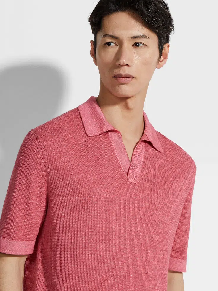 Fuchsia Mélange Silk Cashmere and Linen Polo Shirt
