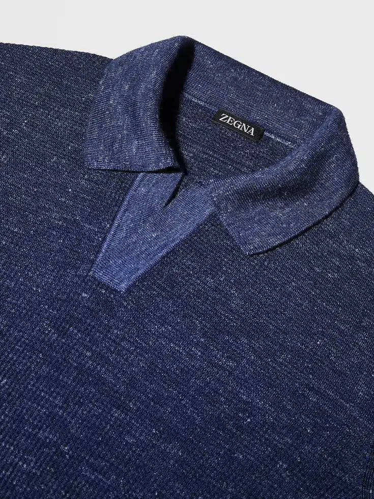 Ink Blue Mélange Silk Cashmere and Linen Polo Shirt Ink Blue Mélange Silk Cashmere and Linen Polo Shirt