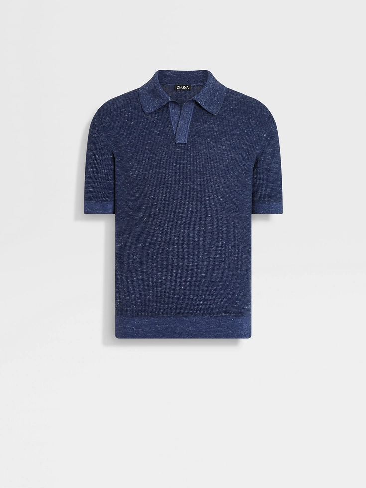Ink Blue Mélange Silk Cashmere and Linen Polo Shirt