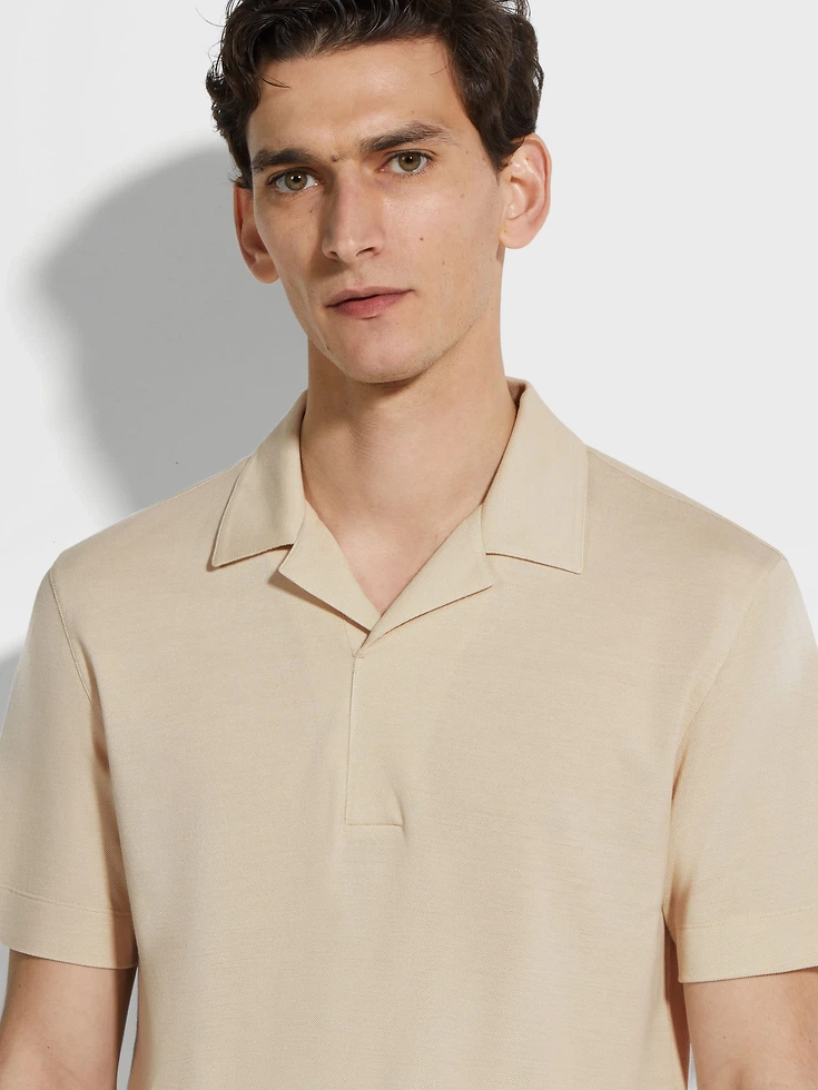 Light Beige Silk and Cotton Piquet Polo Shirt