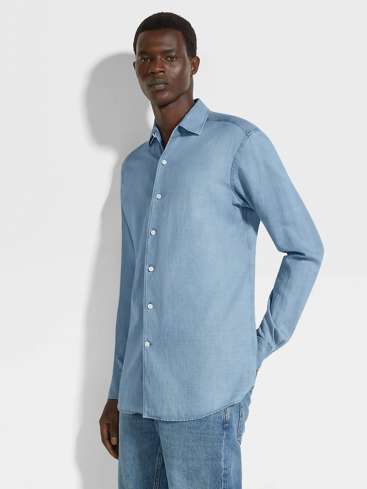 Light Blue Bleached Cotton and Linen Denim Shirt