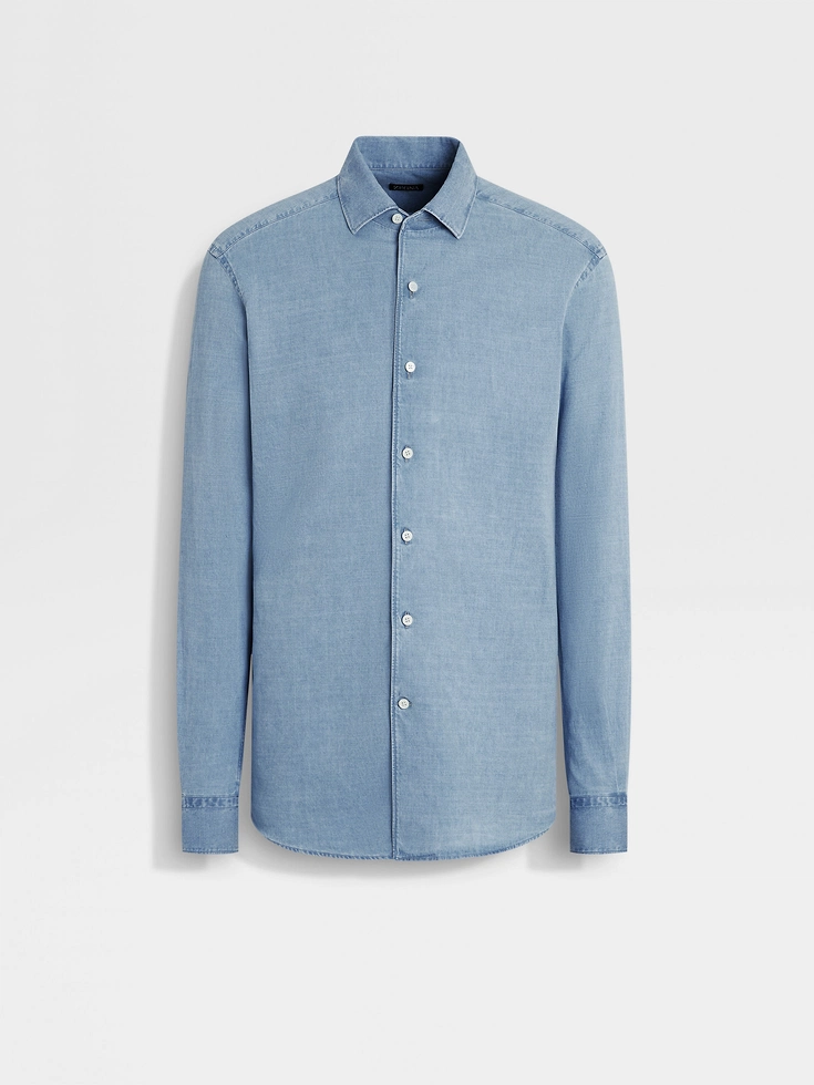 Light Blue Bleached Cotton and Linen Denim Shirt