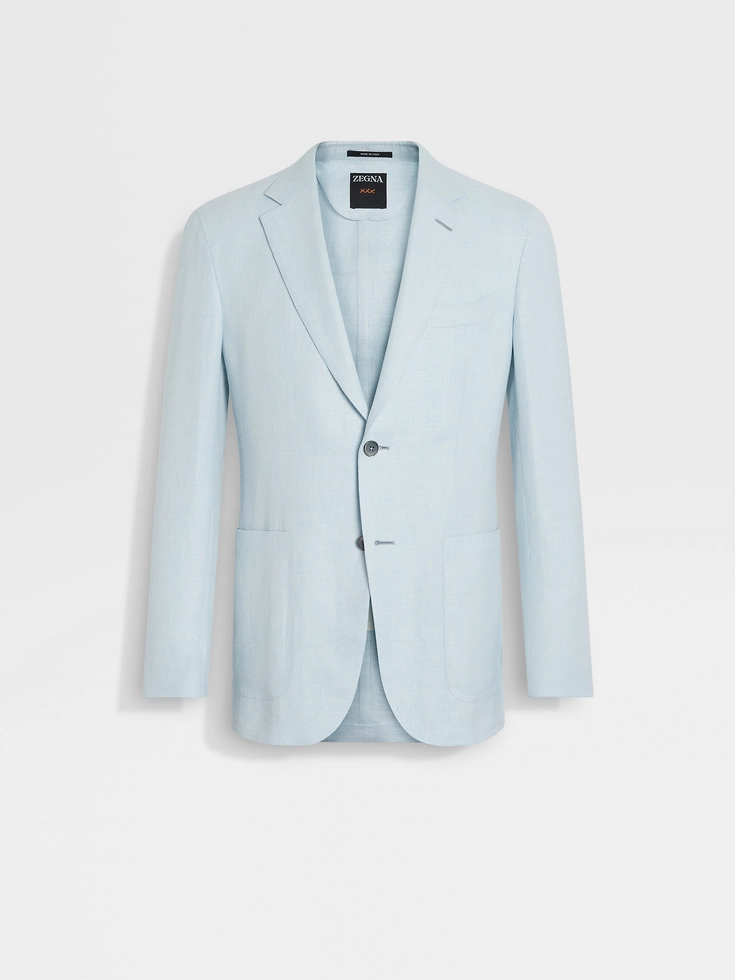 Light Blue Crossover Linen Wool and Silk Blend Jacket
