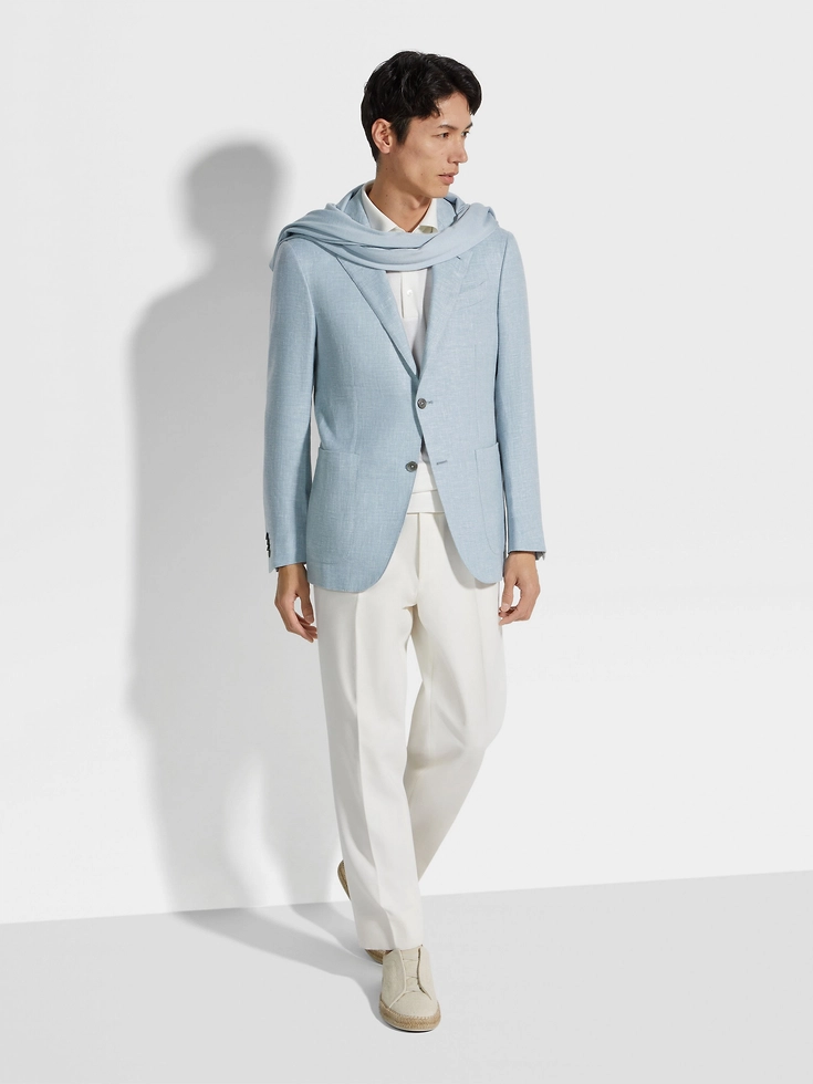 Light Blue Crossover Linen Wool and Silk Blend Jacket