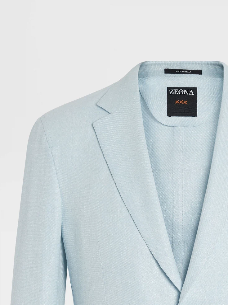 Light Blue Crossover Linen Wool and Silk Blend Jacket Light Blue Crossover Linen Wool and Silk Blend Jacket