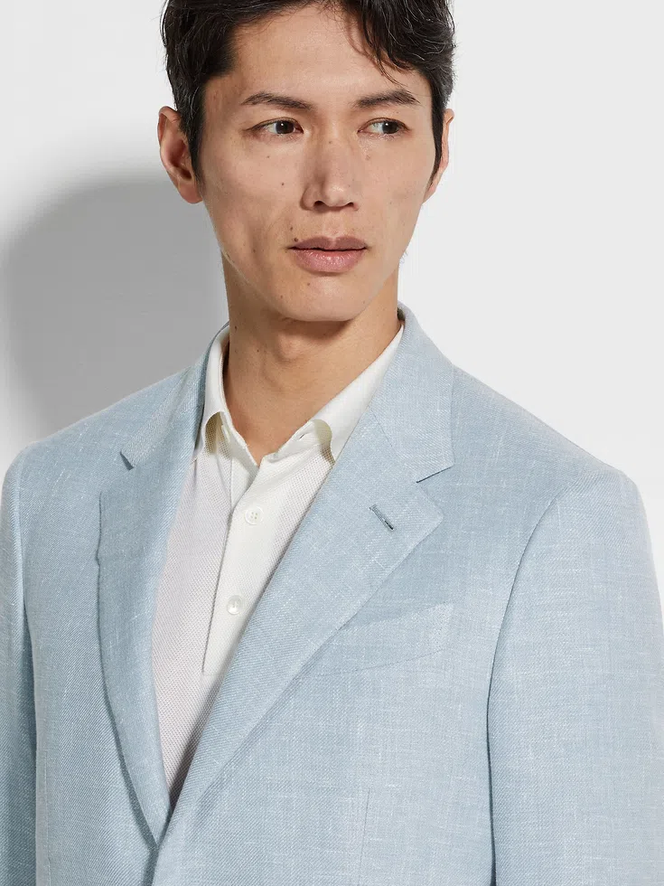 Light Blue Crossover Linen Wool and Silk Blend Jacket Light Blue Crossover Linen Wool and Silk Blend Jacket