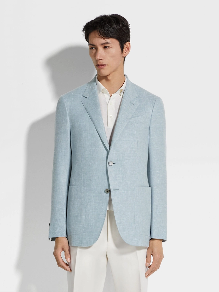 Light Blue Crossover Linen Wool and Silk Blend Jacket Light Blue Crossover Linen Wool and Silk Blend Jacket