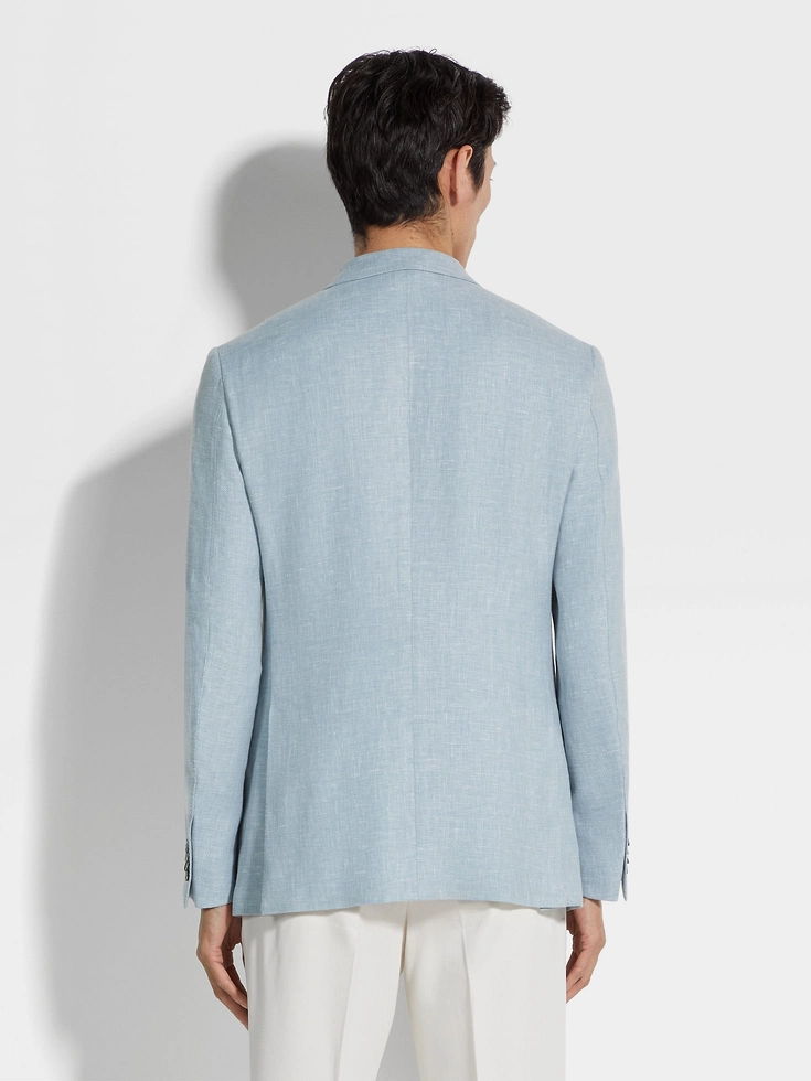 Light Blue Crossover Linen Wool and Silk Blend Jacket Light Blue Crossover Linen Wool and Silk Blend Jacket